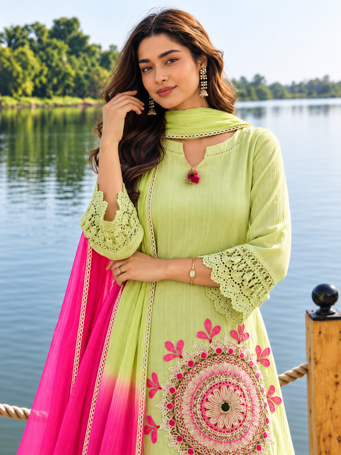 Pista Green Schiffli Embroidered Kurta Sharara Dupatta Set for Women