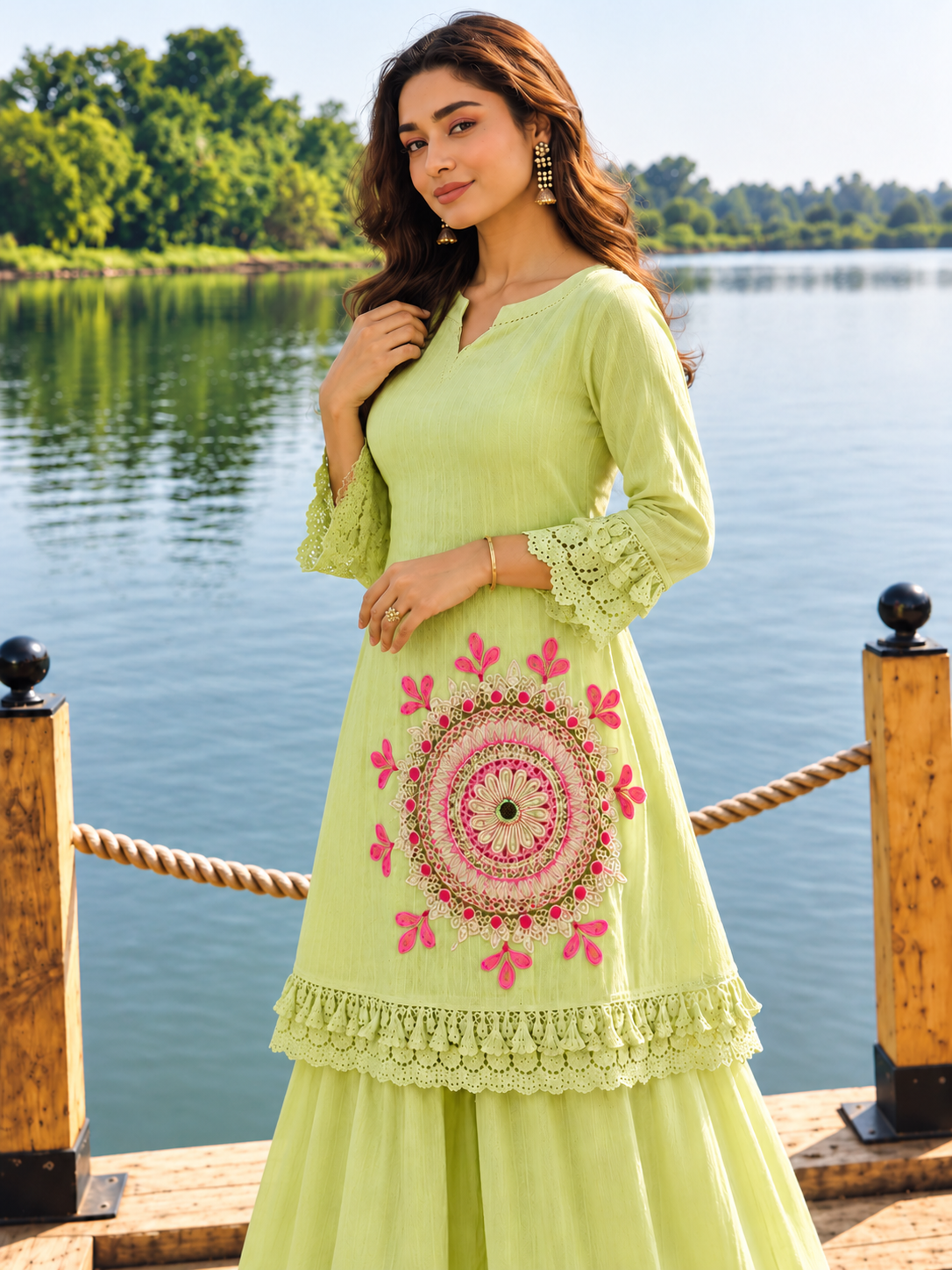 Pista Green Schiffli Embroidered Kurta Sharara Dupatta Set for Women