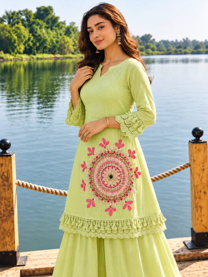 Pista Green Schiffli Embroidered Kurta Sharara Dupatta Set for Women