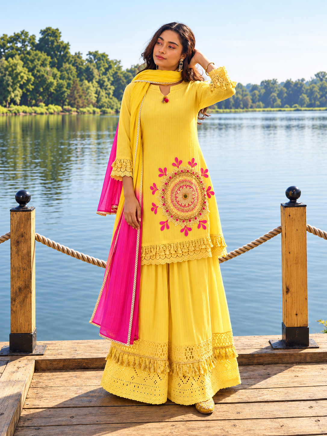 Yellow Pure Cotton Schiffli Kurta Sharara Lahariya Dupatta Set for Women