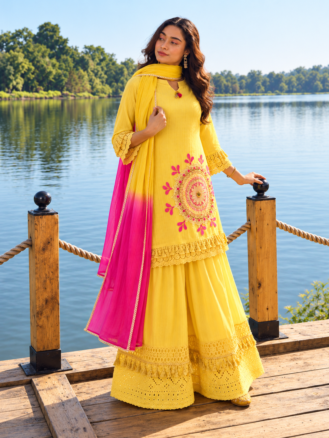 Yellow Pure Cotton Schiffli Kurta Sharara Lahariya Dupatta Set for Women