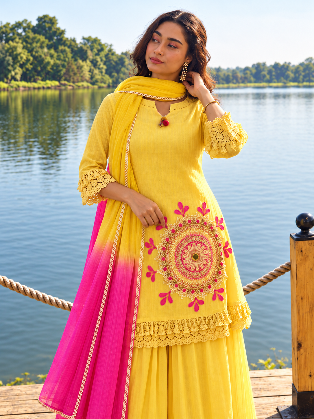 Yellow Pure Cotton Schiffli Kurta Sharara Lahariya Dupatta Set for Women