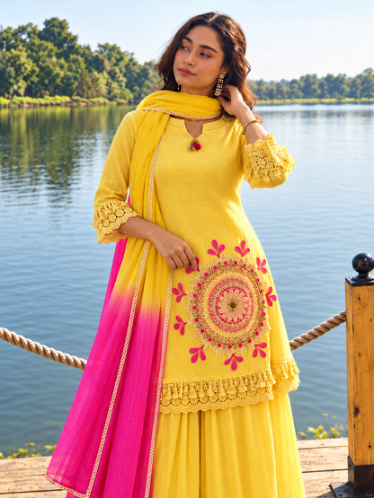 Yellow Pure Cotton Schiffli Kurta Sharara Lahariya Dupatta Set for Women