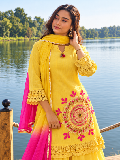Yellow Pure Cotton Schiffli Kurta Sharara Lahariya Dupatta Set for Women