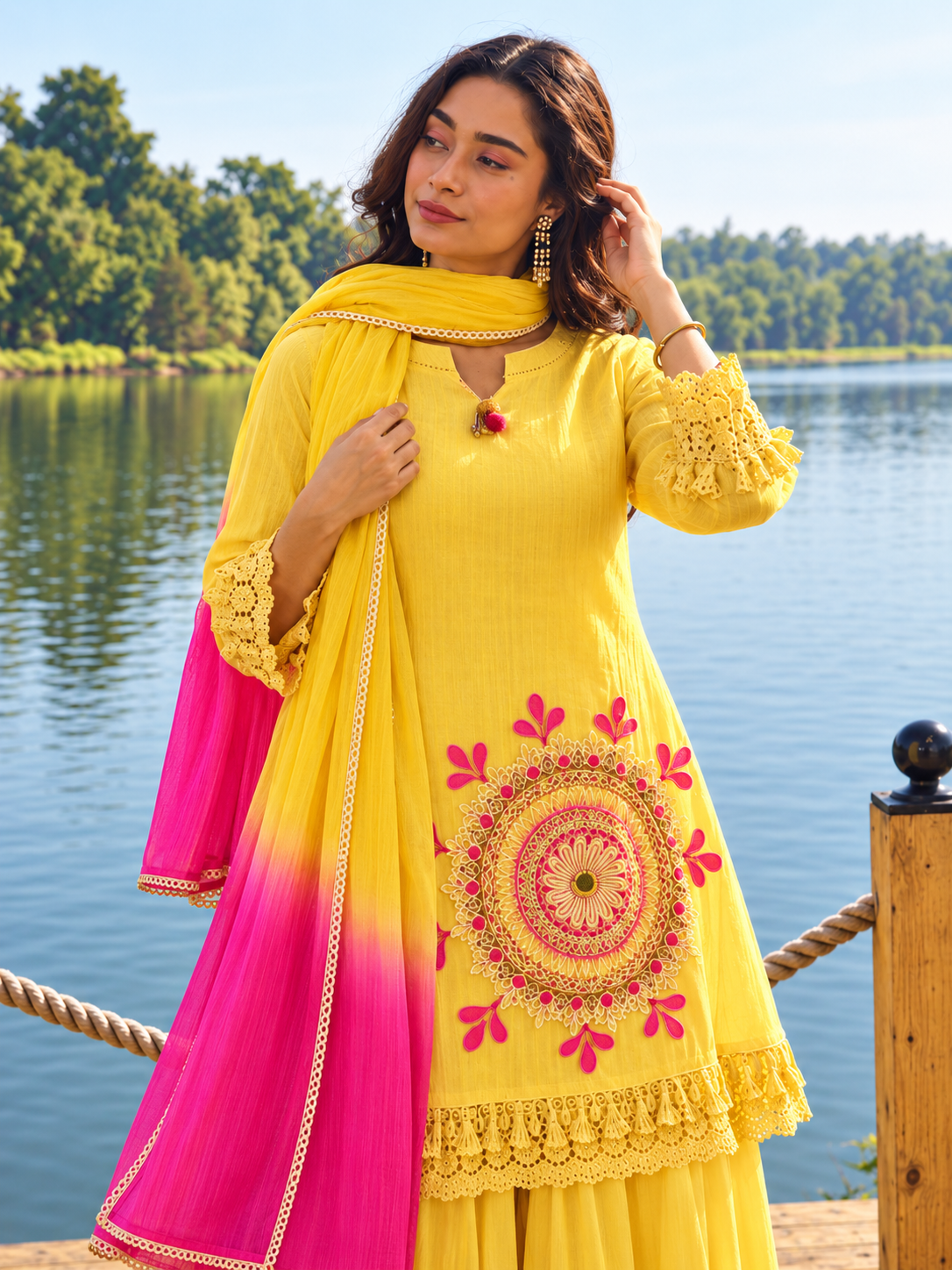 Yellow Pure Cotton Schiffli Kurta Sharara Lahariya Dupatta Set for Women