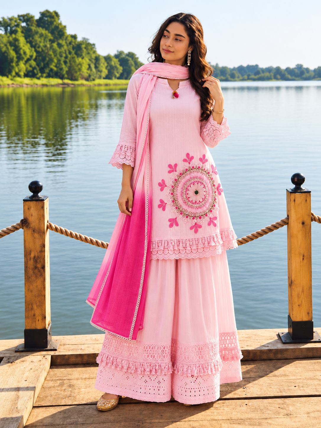 Baby Pink Pure Cotton Schiffli Kurta Sharara Lahariya Dupatta Set for Women