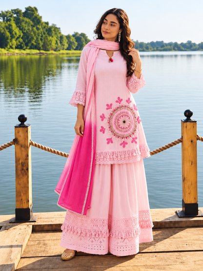 Baby Pink Pure Cotton Schiffli Kurta Sharara Lahariya Dupatta Set for Women