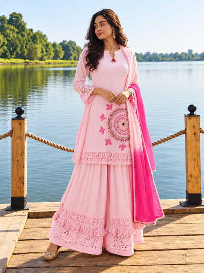 Baby Pink Pure Cotton Schiffli Kurta Sharara Lahariya Dupatta Set for Women