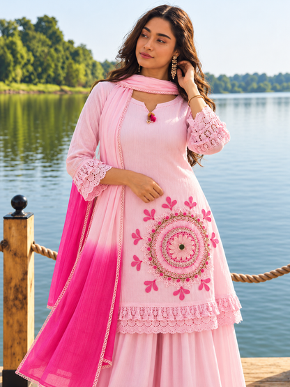 Baby Pink Pure Cotton Schiffli Kurta Sharara Lahariya Dupatta Set for Women