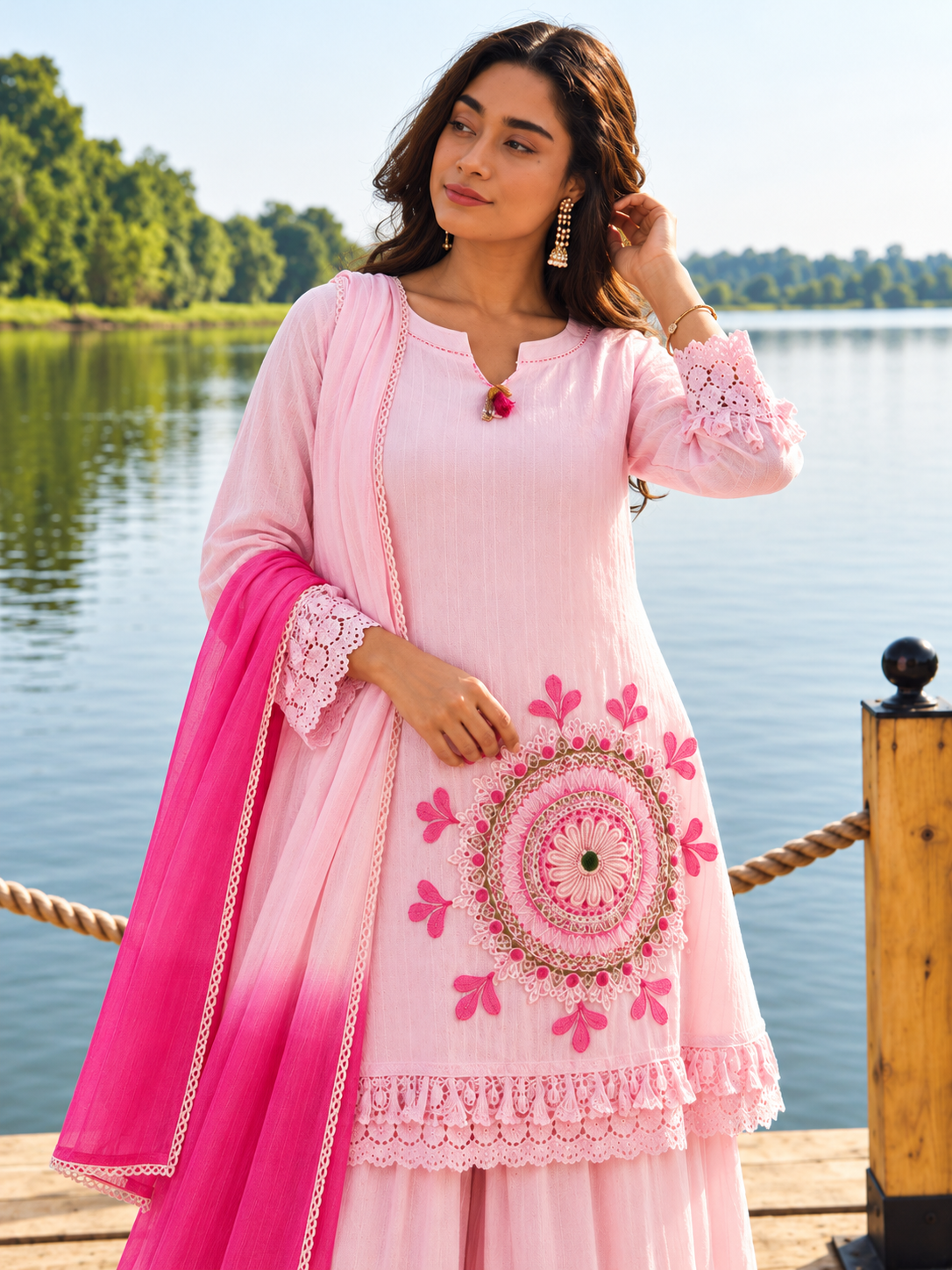 Baby Pink Pure Cotton Schiffli Kurta Sharara Lahariya Dupatta Set for Women