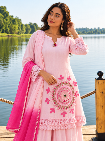 Baby Pink Pure Cotton Schiffli Kurta Sharara Lahariya Dupatta Set for Women