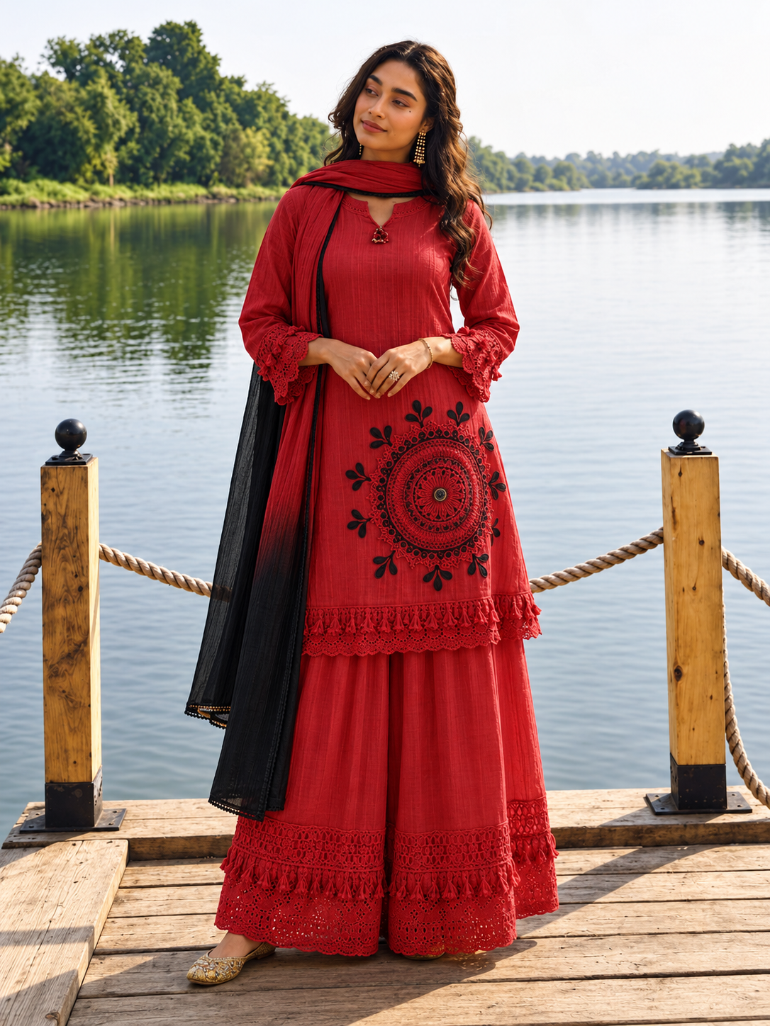 Red Pure Cotton Schiffli Kurta Sharara Dupatta Set for Women