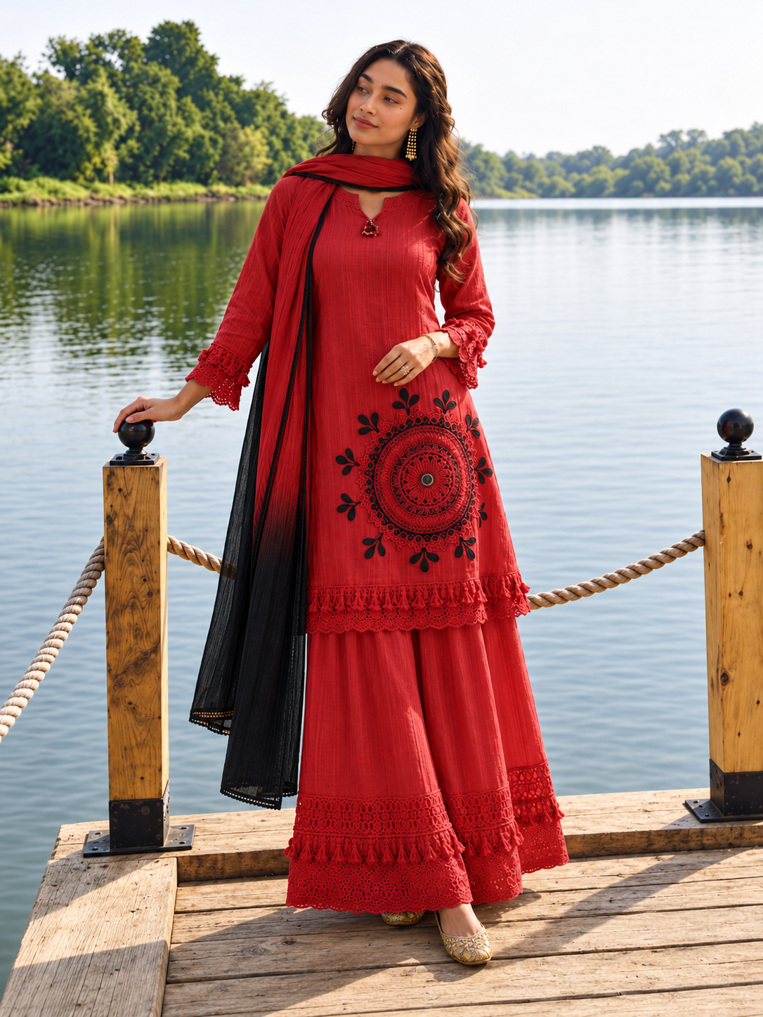 Red Pure Cotton Schiffli Kurta Sharara Dupatta Set for Women