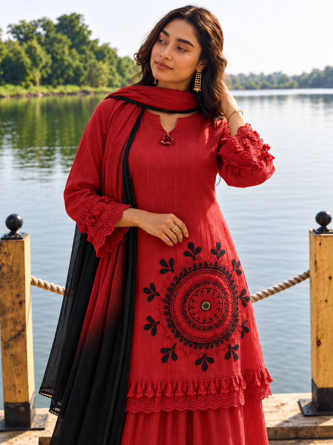 Red Pure Cotton Schiffli Kurta Sharara Dupatta Set for Women