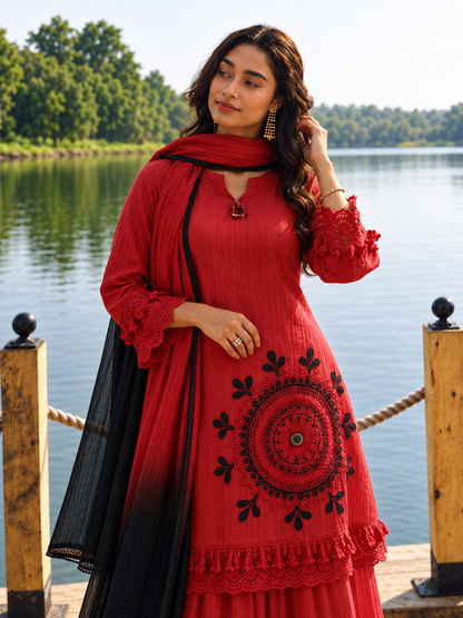 Red Pure Cotton Schiffli Kurta Sharara Dupatta Set for Women