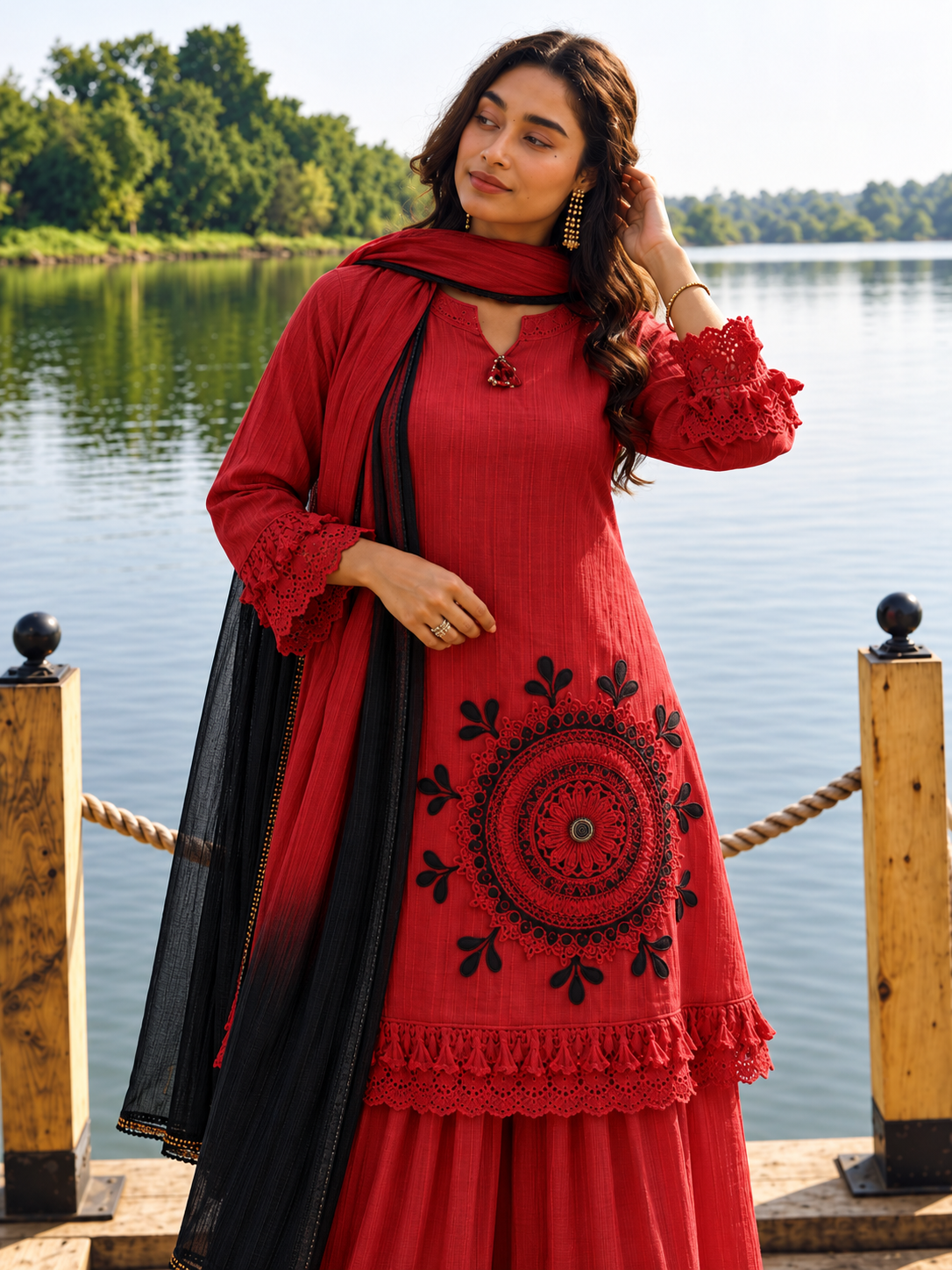Red Pure Cotton Schiffli Kurta Sharara Dupatta Set for Women