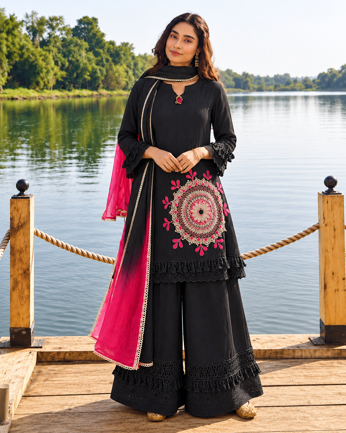Black Pure Cotton Schiffli Kurta Sharara Lahariya Dupatta Set for Women
