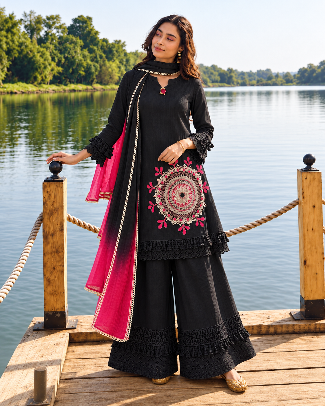 Black Pure Cotton Schiffli Kurta Sharara Lahariya Dupatta Set for Women