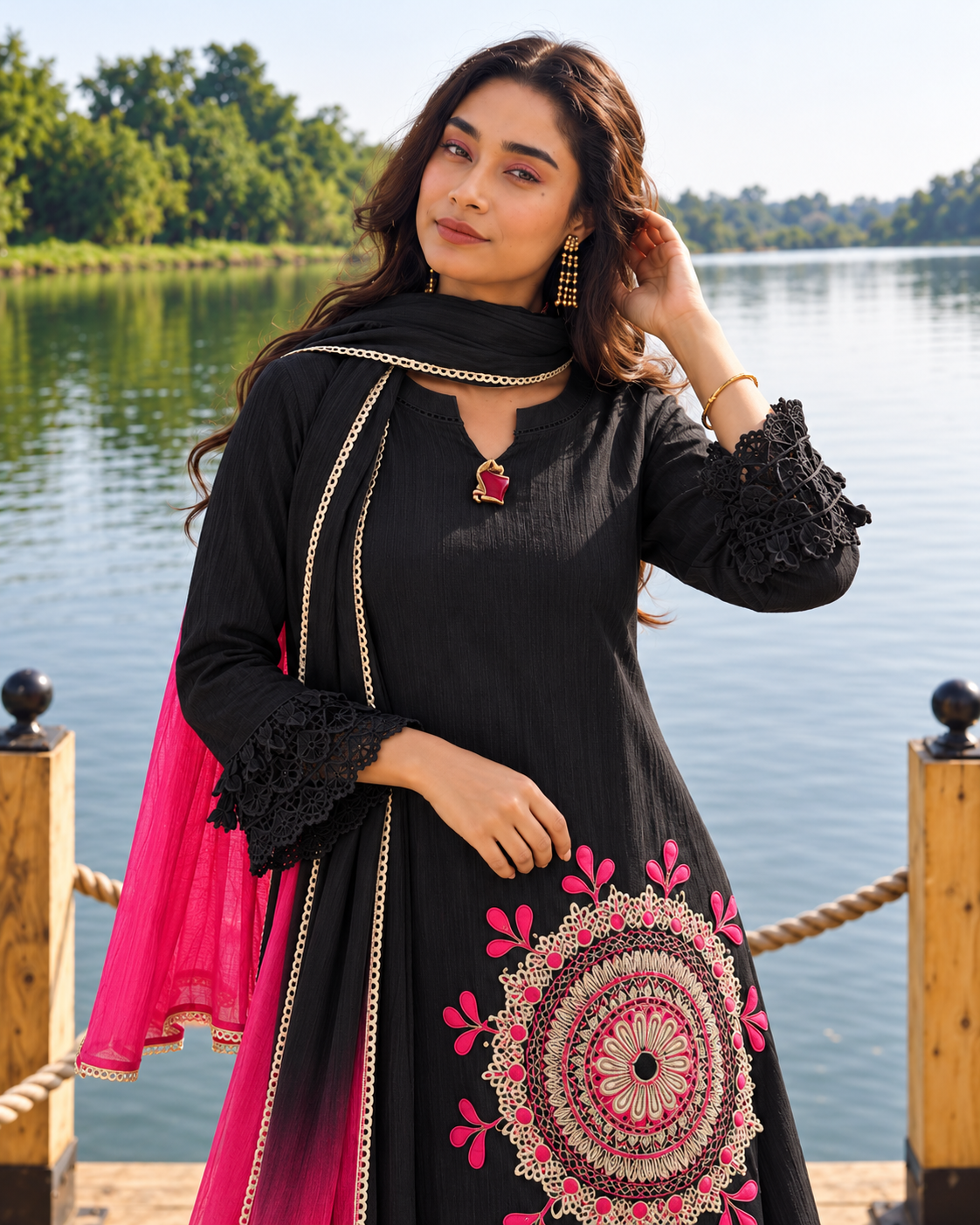 Black Pure Cotton Schiffli Kurta Sharara Lahariya Dupatta Set for Women