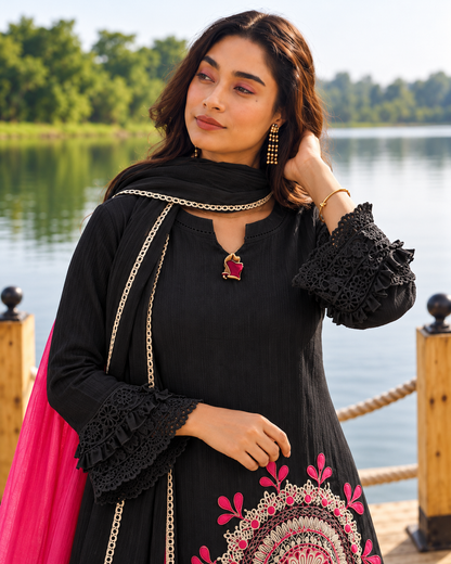 Black Pure Cotton Schiffli Kurta Sharara Lahariya Dupatta Set for Women