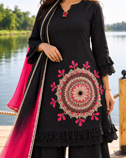 Black Pure Cotton Schiffli Kurta Sharara Lahariya Dupatta Set for Women