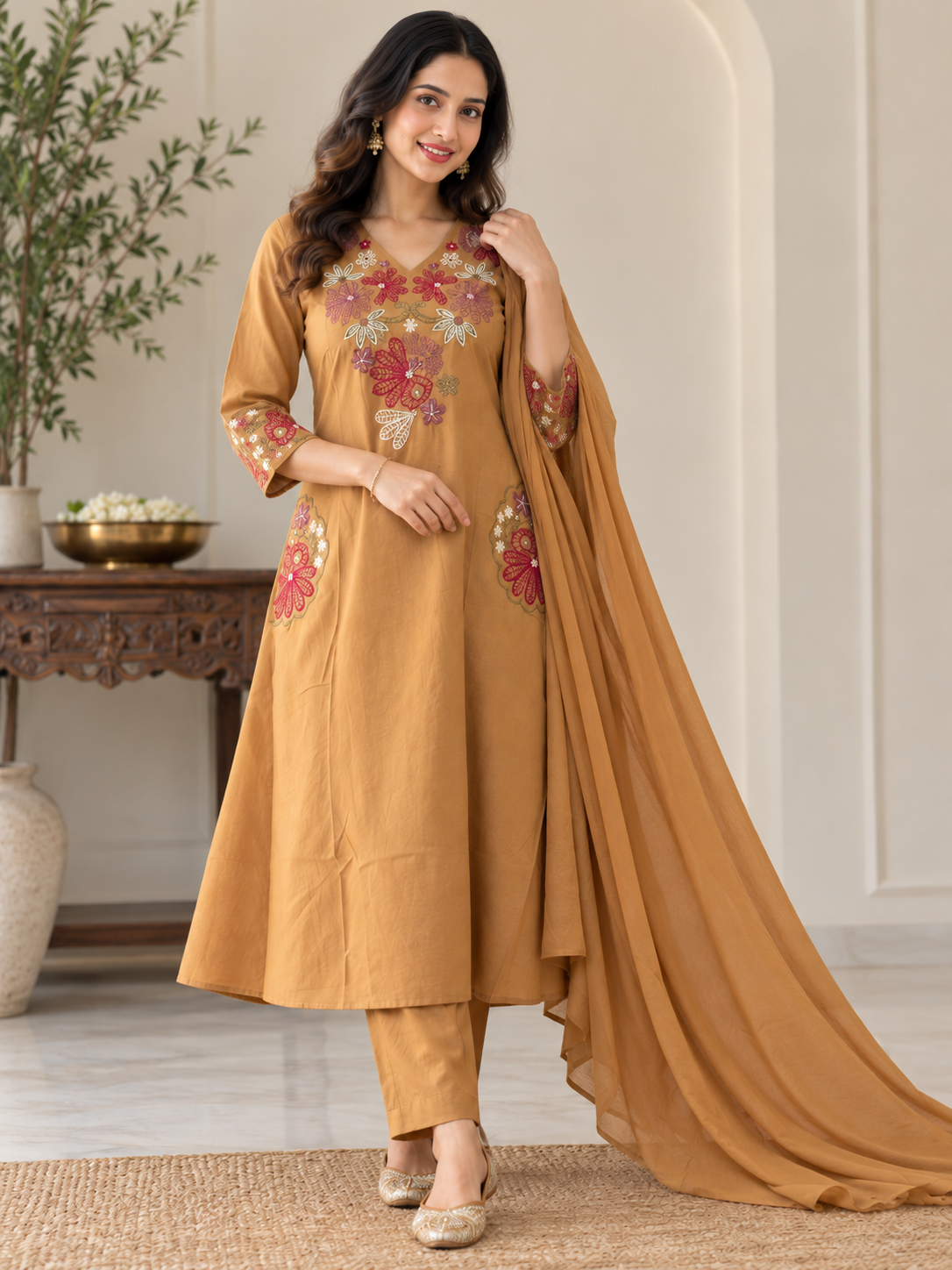 Mustard Brown Floral Embroidered Kurta Pant Dupatta Set for Women