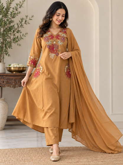 Mustard Brown Floral Embroidered Kurta Pant Dupatta Set for Women