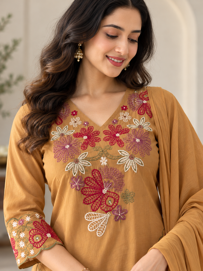 Mustard Brown Floral Embroidered Kurta Pant Dupatta Set for Women