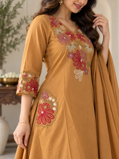 Mustard Brown Floral Embroidered Kurta Pant Dupatta Set for Women