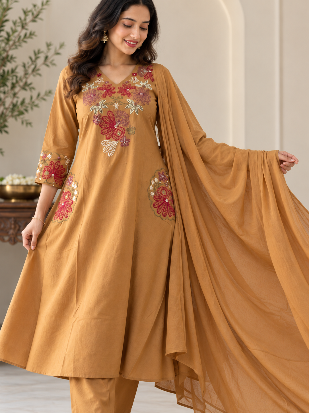 Mustard Brown Floral Embroidered Kurta Pant Dupatta Set for Women
