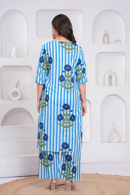 Blue Cotton Striped Floral Co-Ord Set