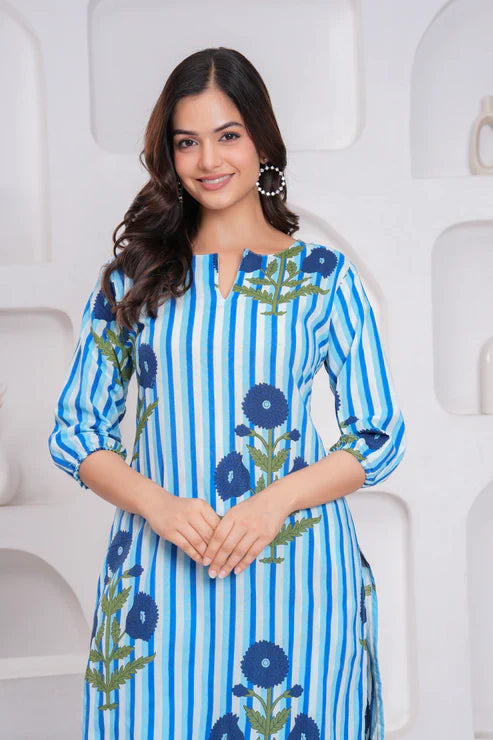 Blue Cotton Striped Floral Co-Ord Set