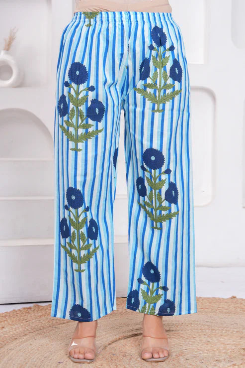 Blue Cotton Striped Floral Co-Ord Set