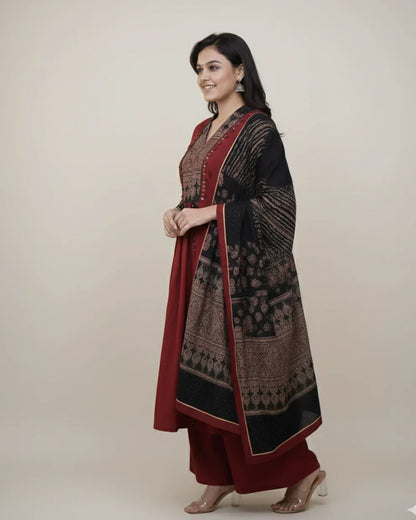 Women’s Maroon Cotton Kurta Pant Set with Embroidered Yoke & Printed Dupatta