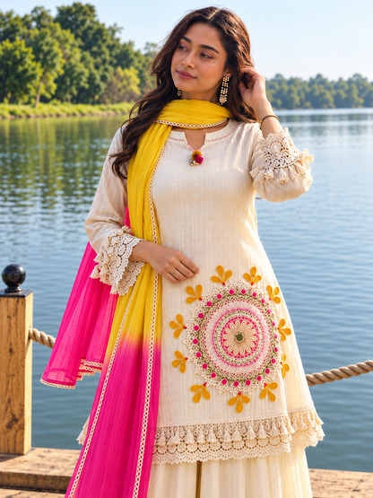 Pure Cotton Schiffli Embroidered Kurta Pant Lahariya Dupatta Set for Women