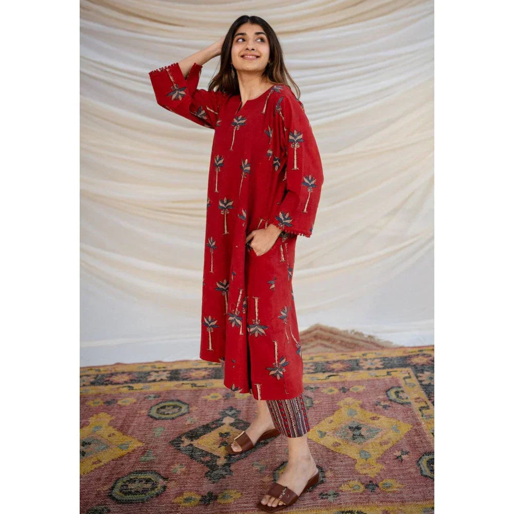 Premium Red Printed A-Line Kurti Set