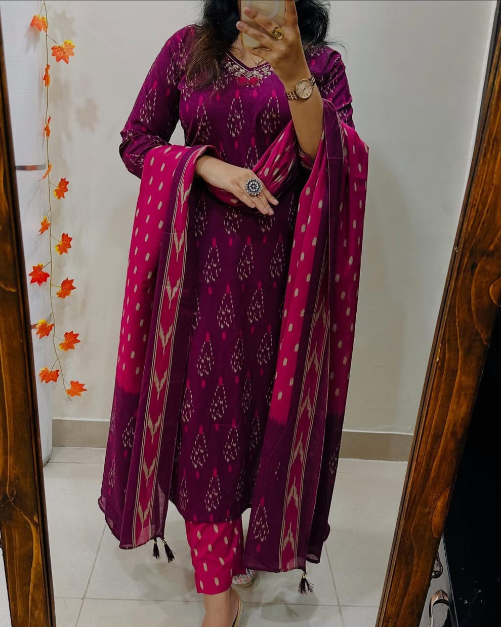 Magenta Ikka Print Cotton Kurta Set With Contrast Dupatta
