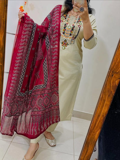 White Hand-Embroidered Kurta Set with Ajrakh Print Dupatta