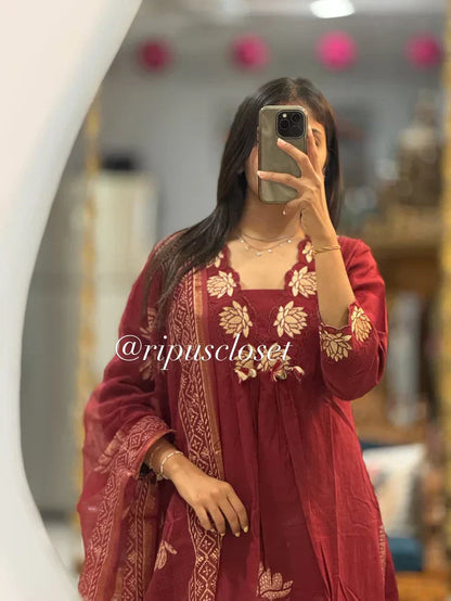 Maroon Floral Embroidered Kurta Set with Dupatta