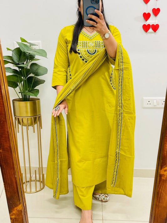 EMBROIDERED COTTON KURTI PANT WITH DUPATTA SUIT SET