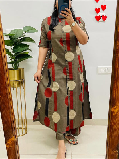 Olive Green Printed Kurta Set for Women with Pants