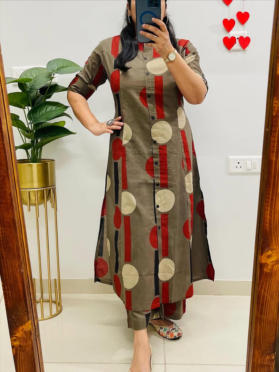 Olive Green Printed Kurta Set for Women with Pants