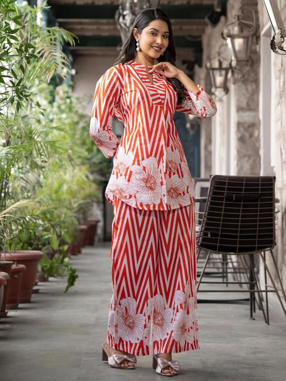 Libas Orange Printed Cotton cord set