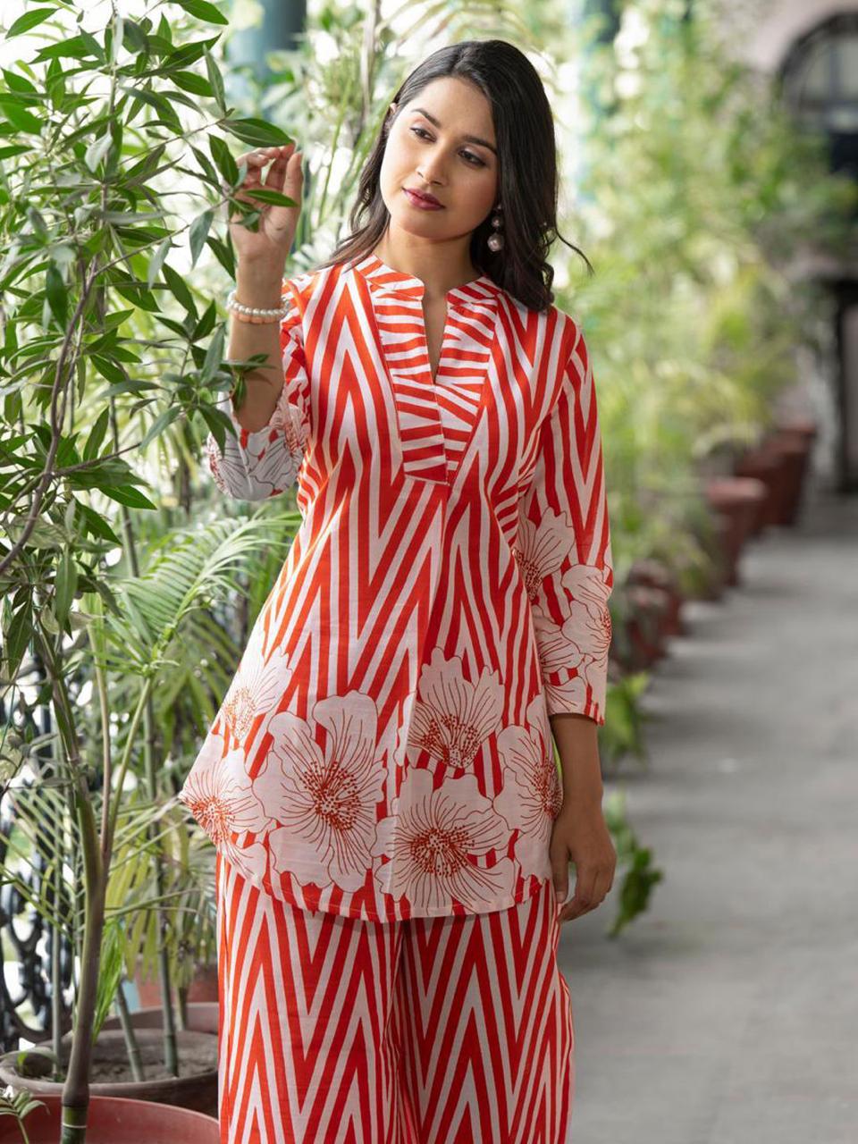 Libas Orange Printed Cotton cord set