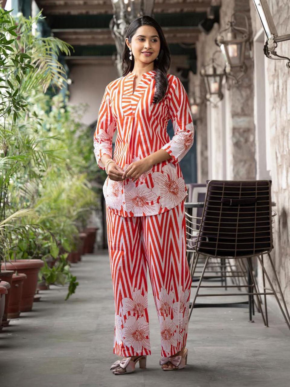 Libas Orange Printed Cotton cord set