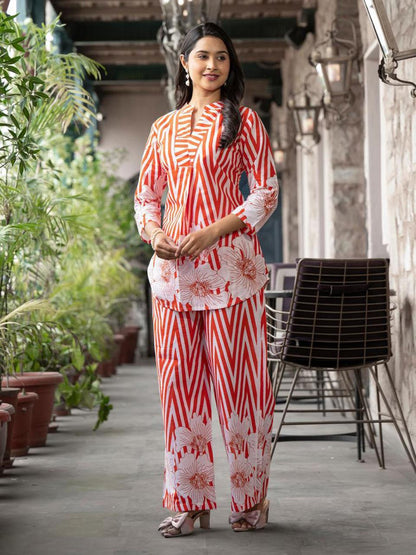 Libas Orange Printed Cotton cord set