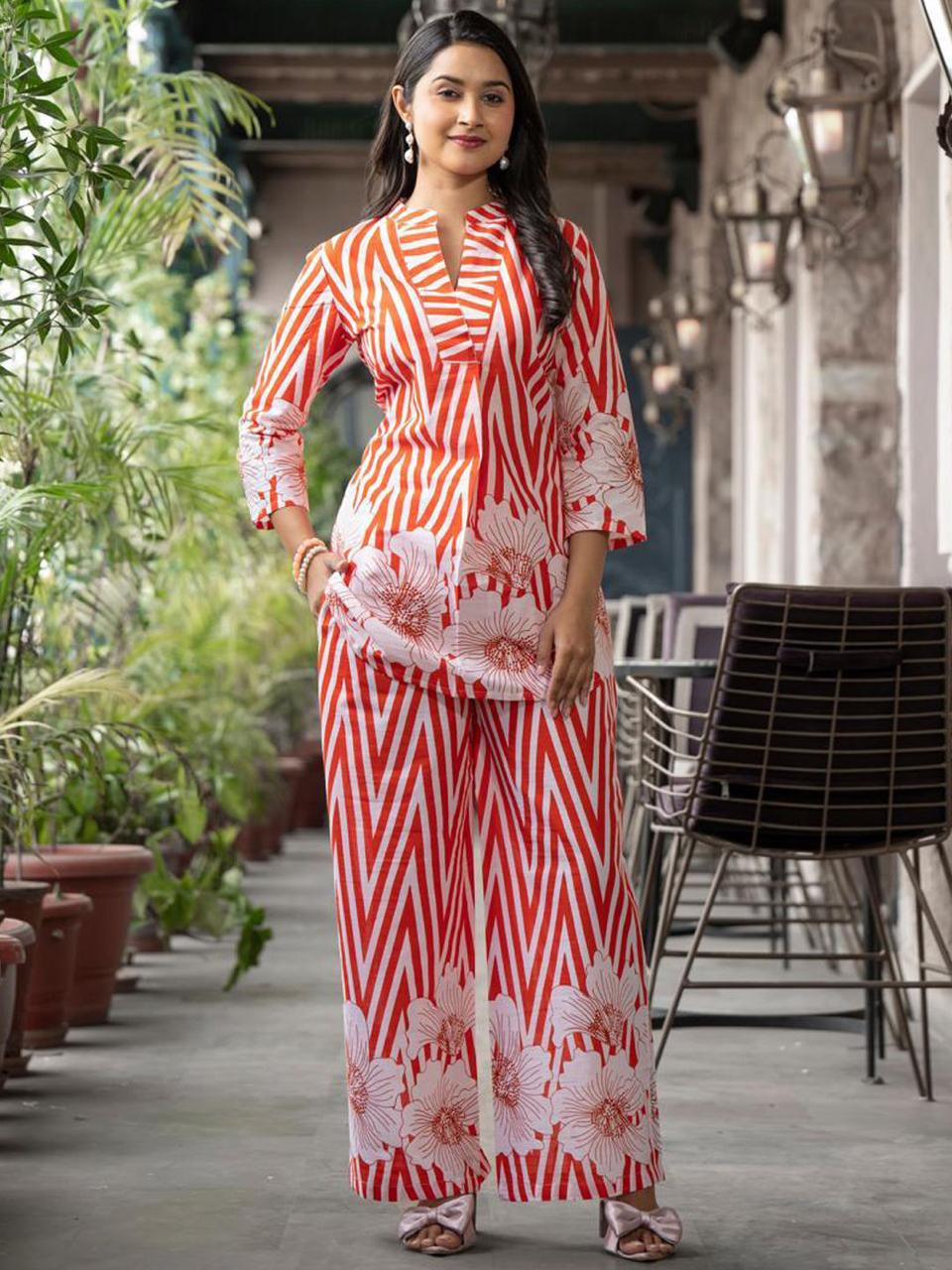 Libas Orange Printed Cotton cord set