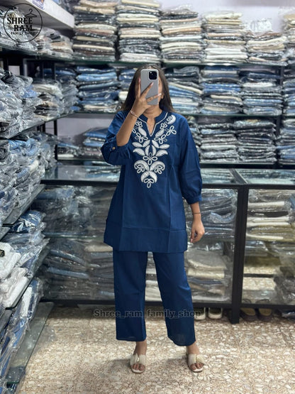 Prussian Blue Embroidered Ethnic Co-ord Set for Women