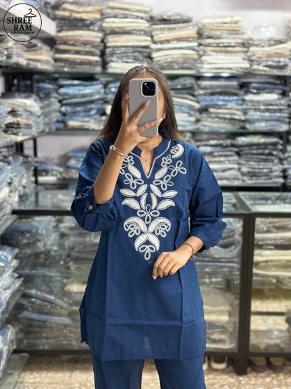 Prussian Blue Embroidered Ethnic Co-ord Set for Women