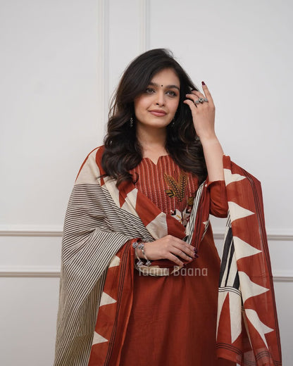 Rust Brown Cotton Kurta Pant Set with Printed Dupatta
